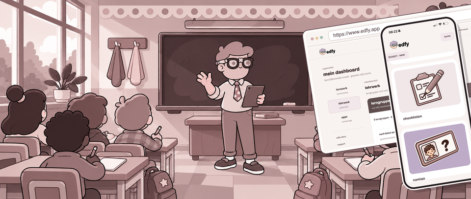 edfy-Lehrer mit seiner Klasse, Tablet und Ansichten von Web-App und iPhone-App
